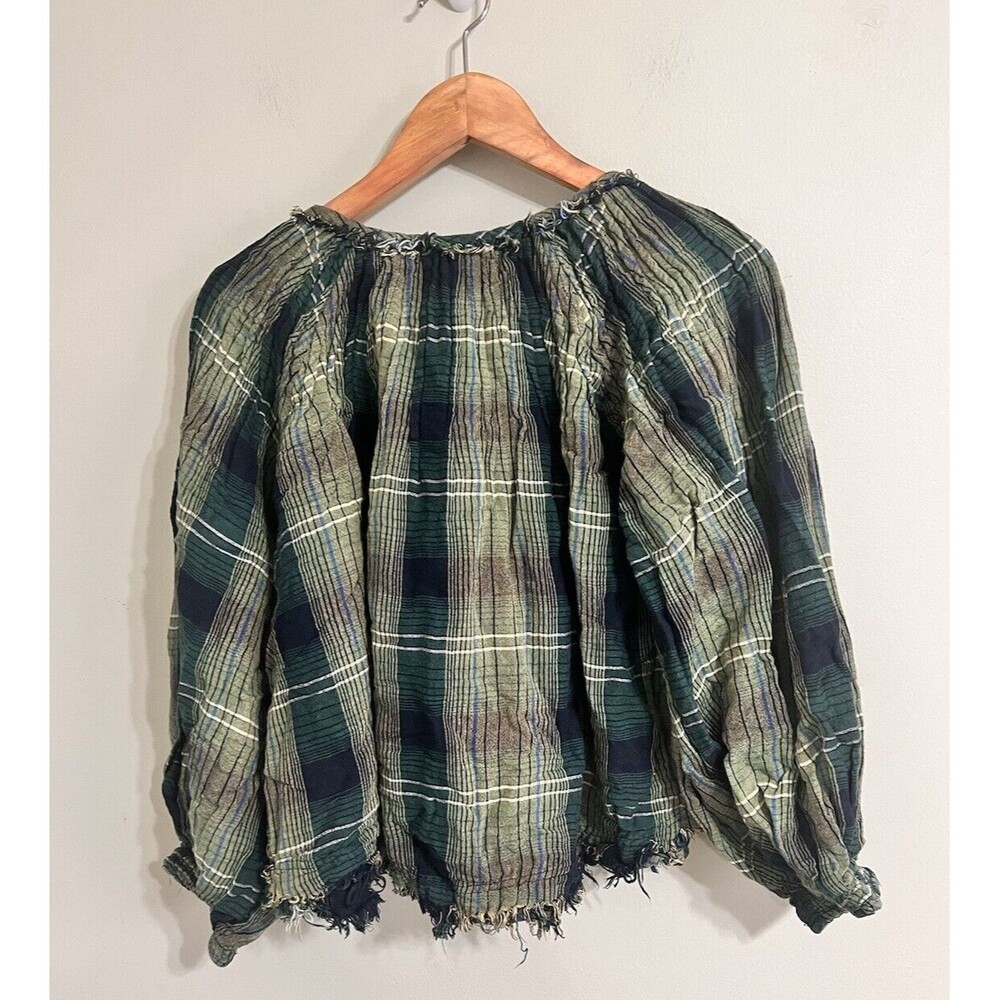 Free People Plaid Tunic Top Oversize Raw Hem Pullover Green Cloudbreaker XS - Picture 7 of 9